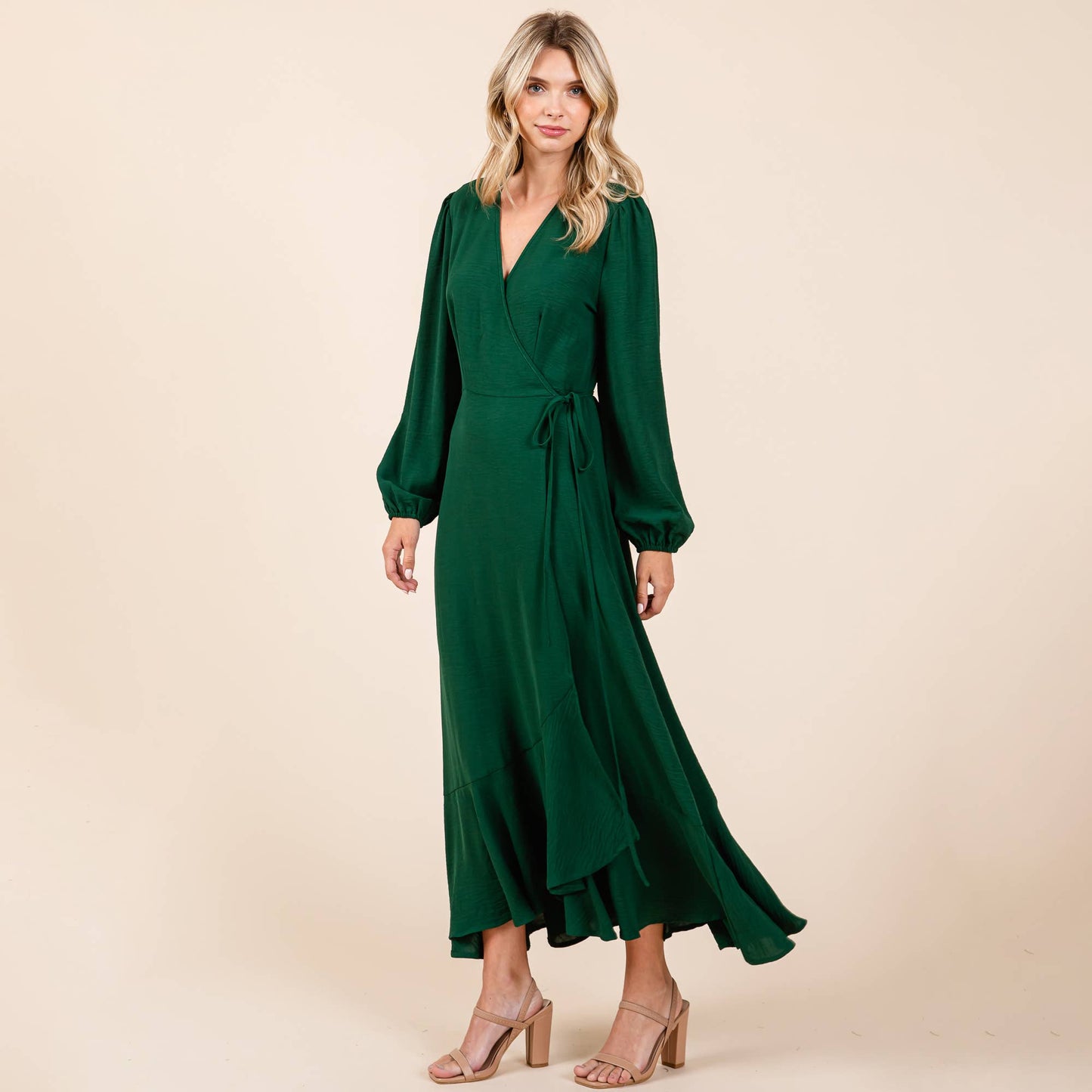 Ruffle Hem High Low Long Sleeve Wrap Maxi Dress