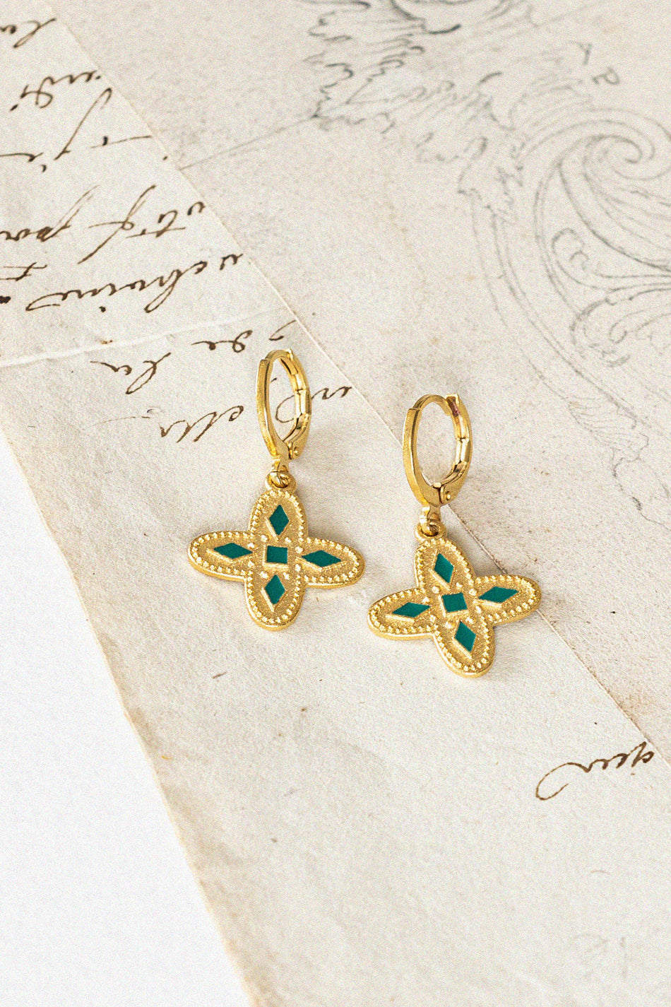 Bacci Adriana Gold and Emerald Green Earrings