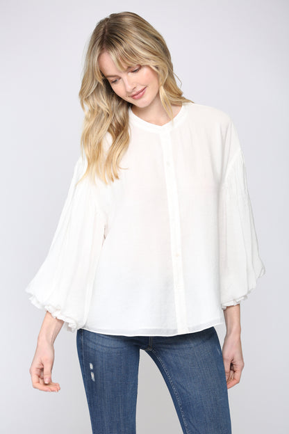 Fun Puff Sleeve Button Down Shirt - White