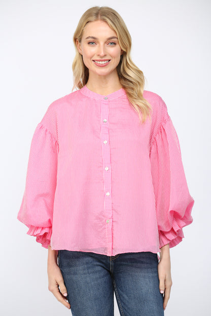 Pinstripe Voluminous Bubble Slv Blouse - Blue