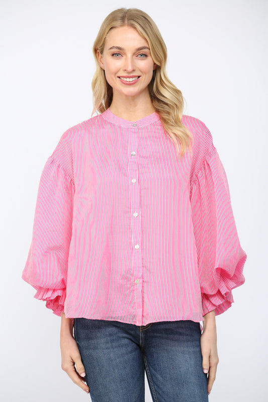 Pinstripe Voluminous Bubble Slv Blouse - Pink