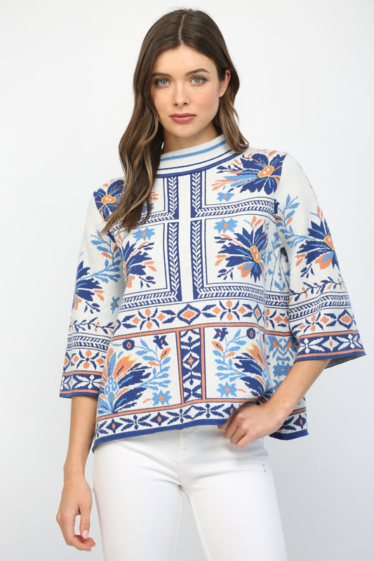 Patchwork Mock Neck Bell Sleeve Sweater