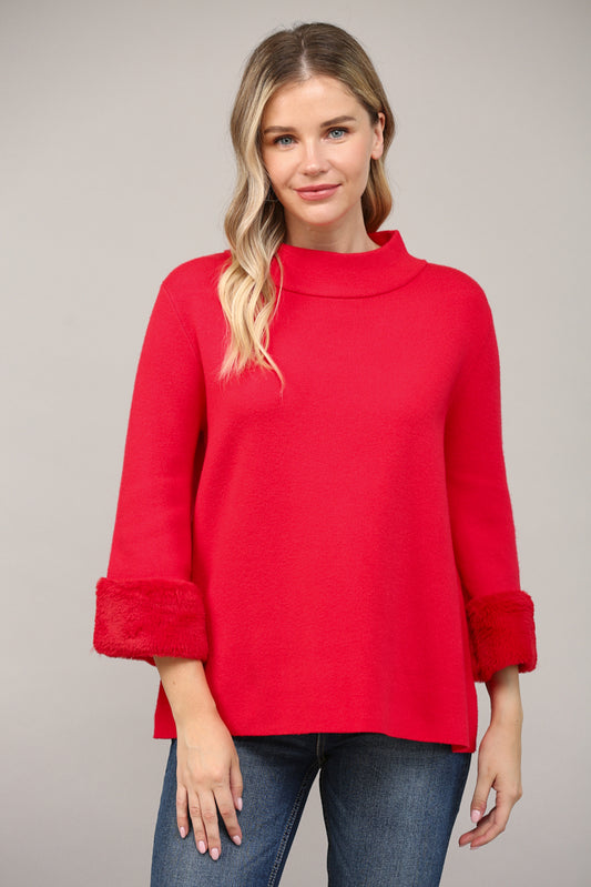 Fur Sleeve Detail Mock Neck Sweater