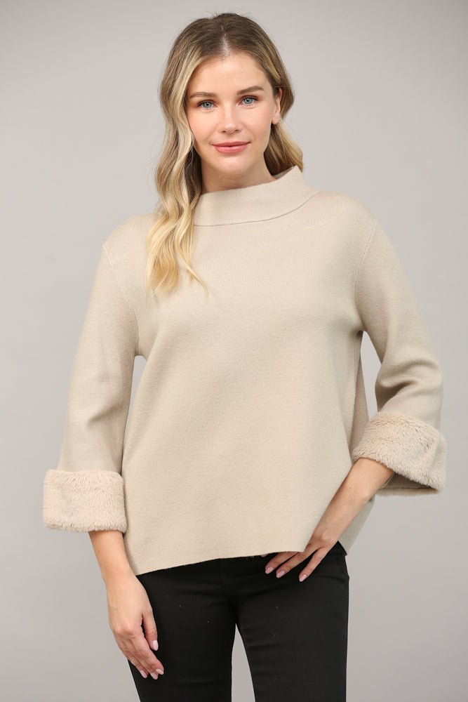 Fur Sleeve Detail Mock Neck Sweater