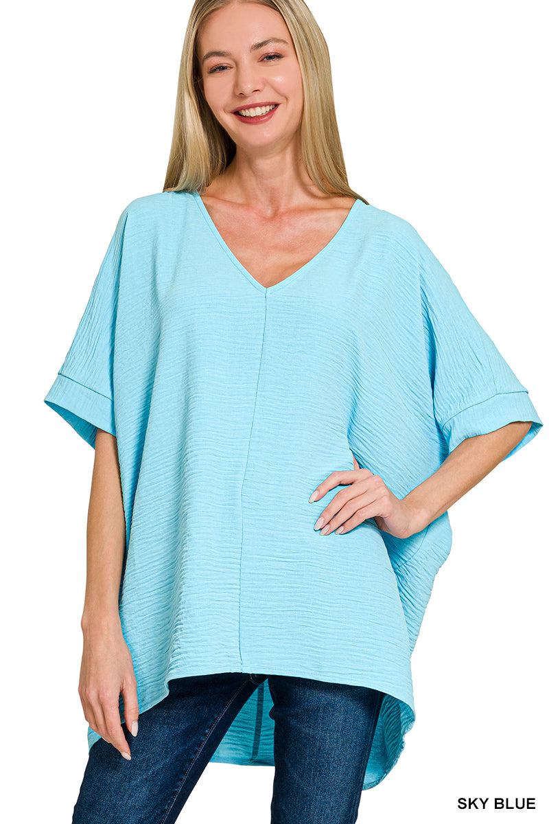 Woven Airflow V-Neck Dolman SS Top - Sky Blue