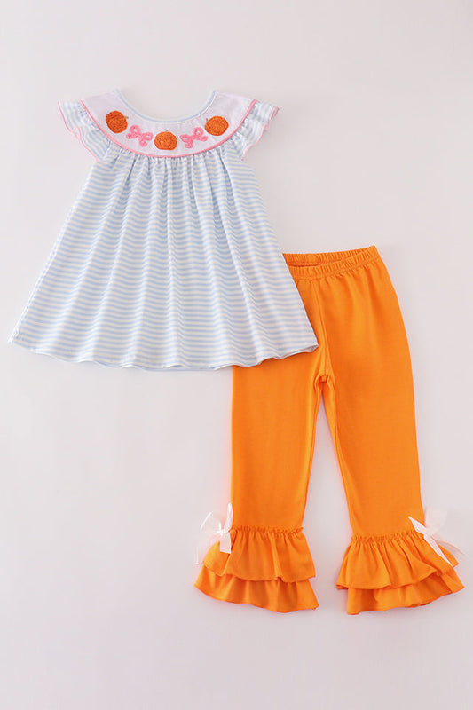 Blue stripe pumpkin applique French knot girl set