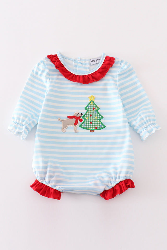 BLUE STRIPE CHRISTMAS TREE PUPPY APPLIQUE GIRL ROMPER