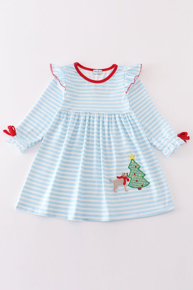 BLUE STRIPE CHRISTMAS TREE PUPPY APPLIQUE DRESS