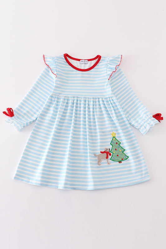 BLUE STRIPE CHRISTMAS TREE PUPPY APPLIQUE DRESS