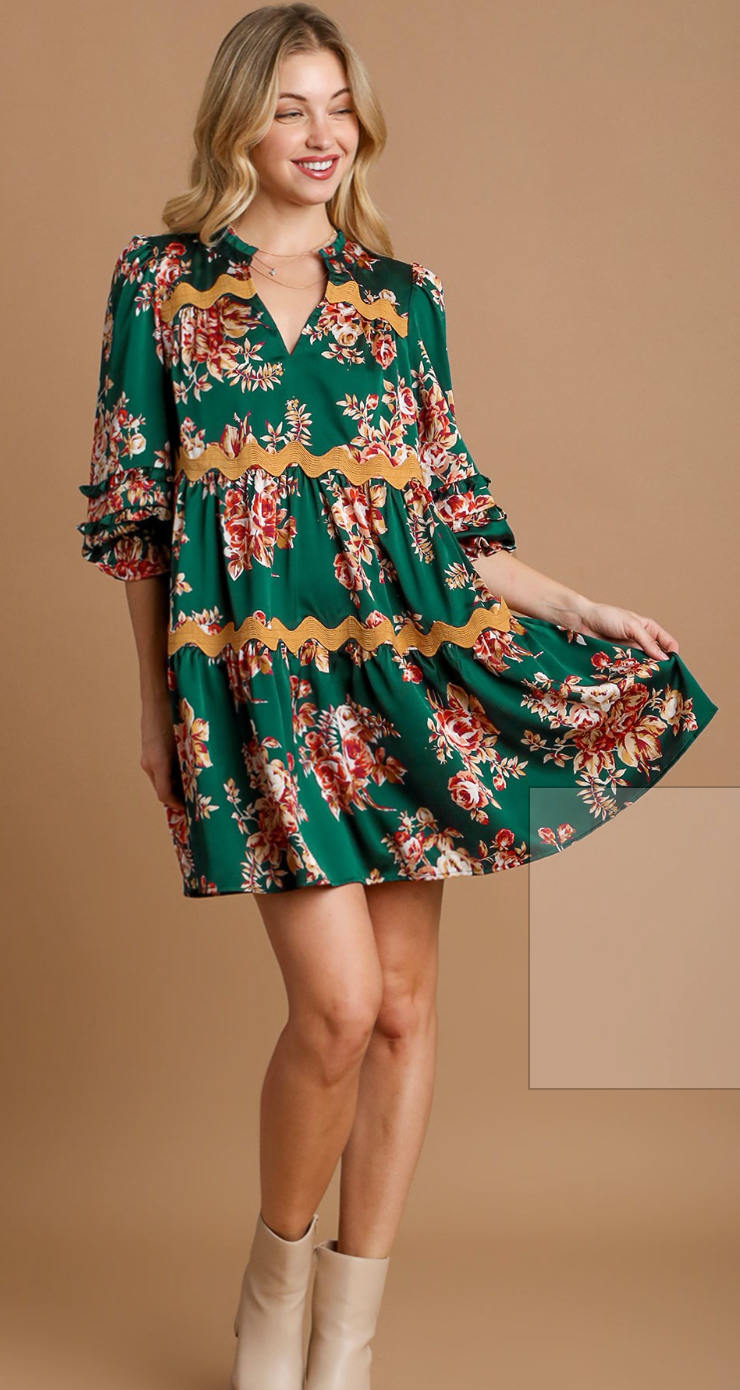 Floral Printed Tiered Dress with Wave Ric Rac Trim