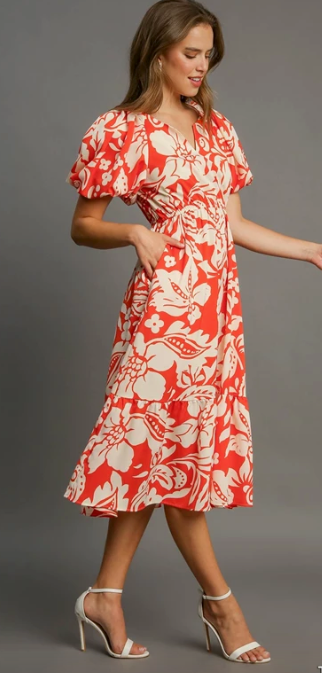 Floral Print Midi Dress in Tomato Red