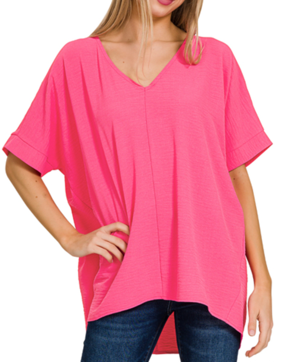 Woven Airflow V-Neck Dolman SS Top - Fuchsia