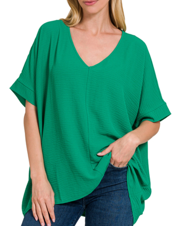 Woven Airflow V-Neck Dolman SS Top - Kelly Green