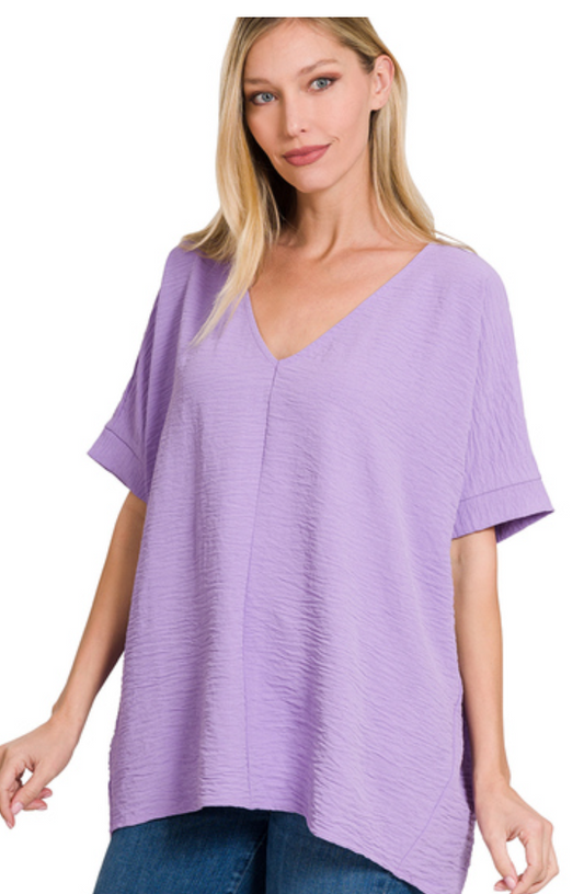Woven Airflow V-Neck Dolman SS Top - Lavender
