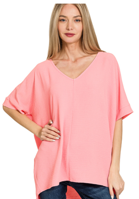 Woven Airflow V-Neck Dolman SS Top - Dk Pink