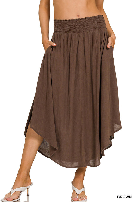 WOVEN CRINKLE SMOCKED WAIST SIDE SLIT MAXI SKIRT WITH POCKETS