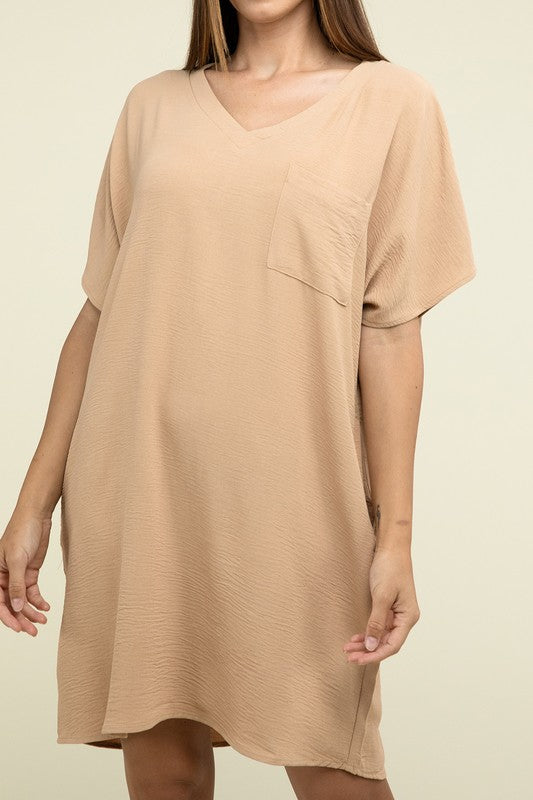 Zenana Woven Airflow V Neck T Shirt Dress with Pockets