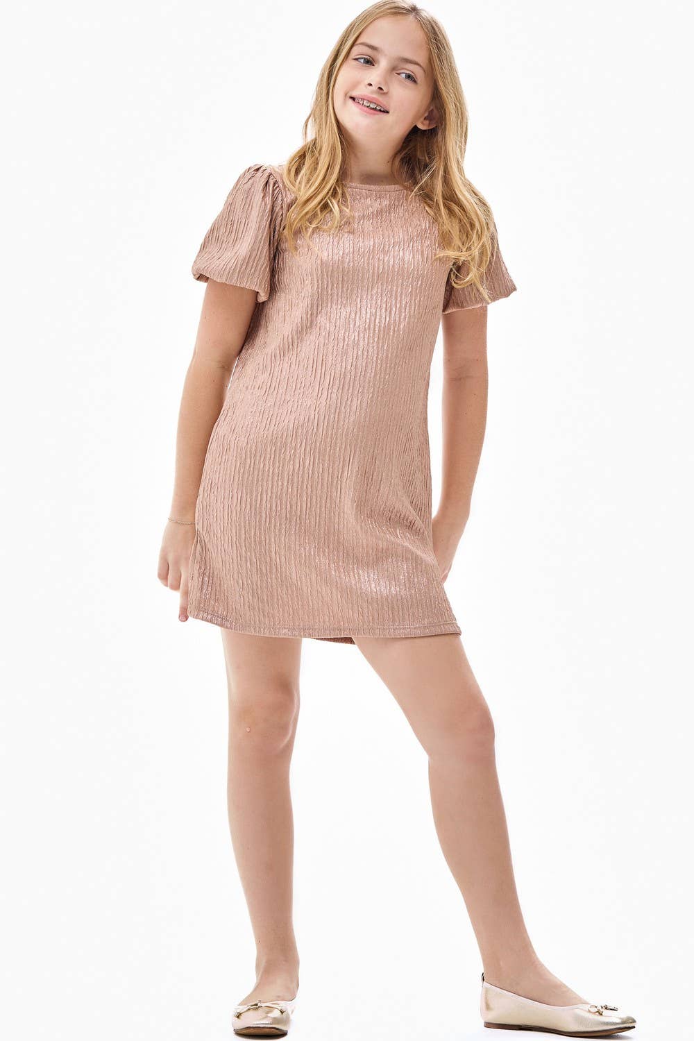 Tween Glitter Jacquard Balloon Sleeve Dress