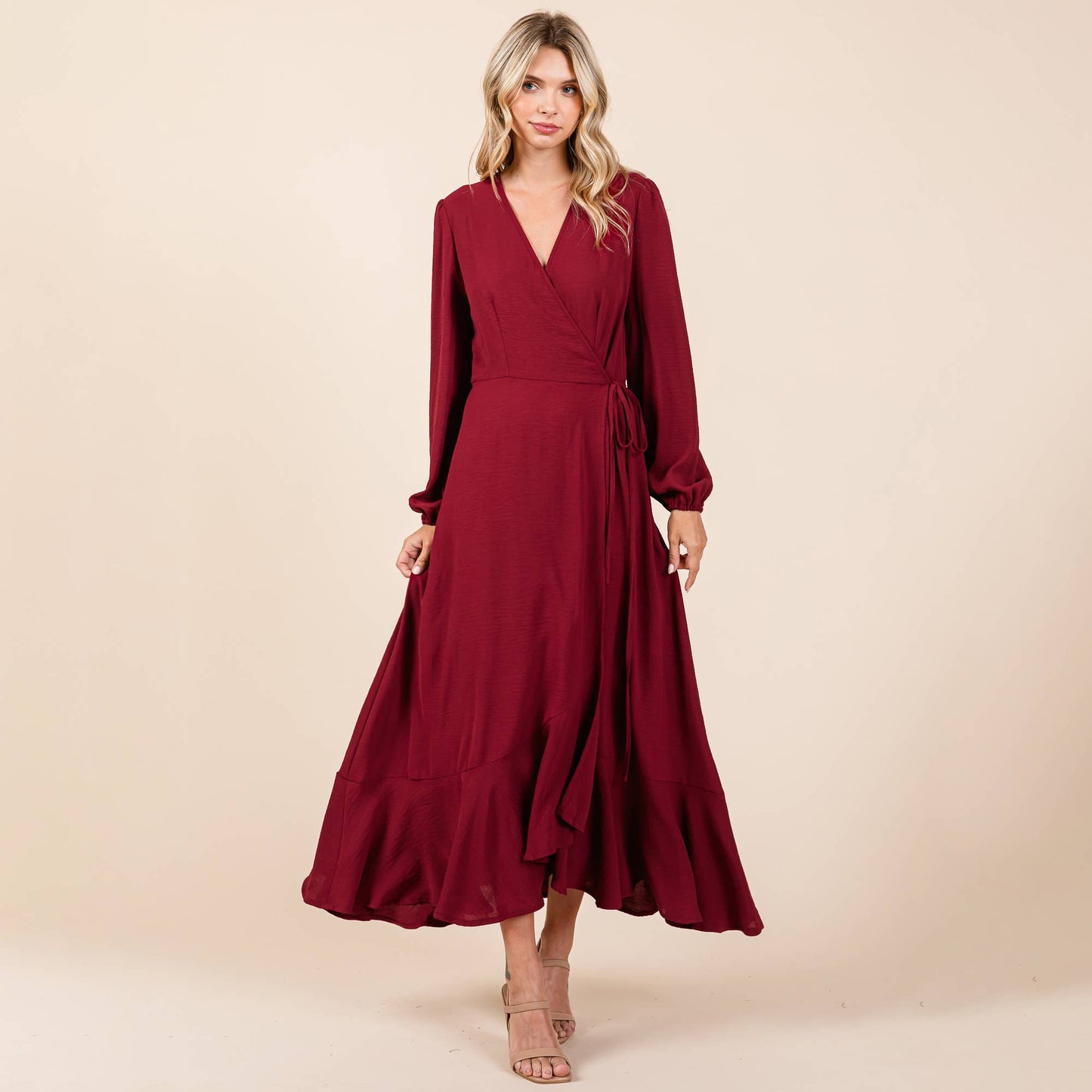 Ruffle Hem High Low Long Sleeve Wrap Maxi Dress