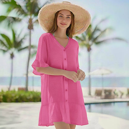 Button Front Ruffle Hem Beach Cover Up Dress