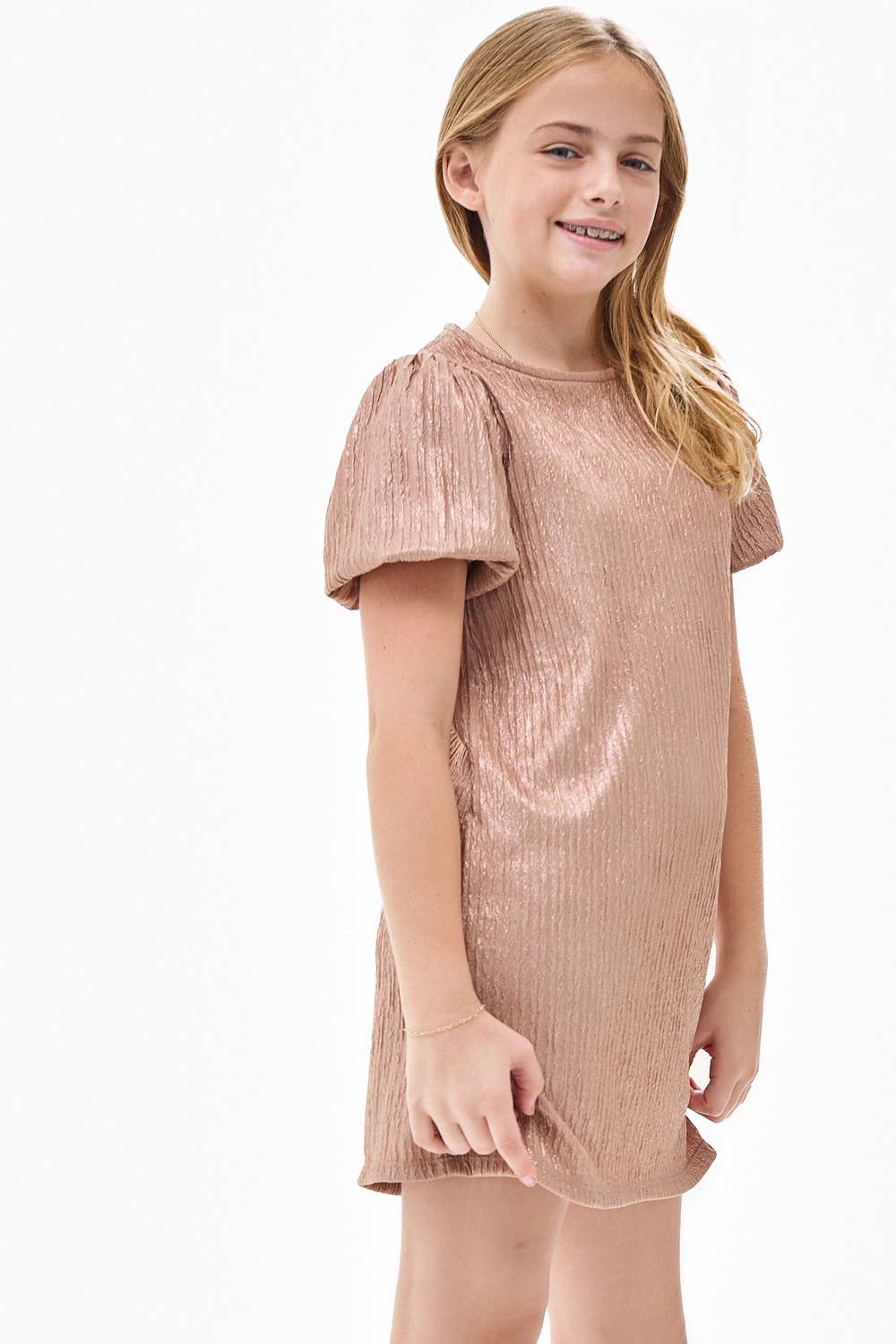 Tween Glitter Jacquard Balloon Sleeve Dress