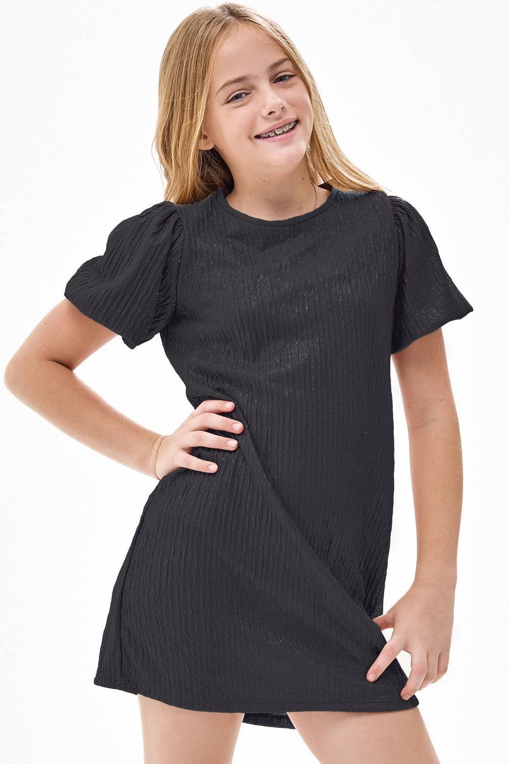 Tween Glitter Jacquard Balloon Sleeve Dress