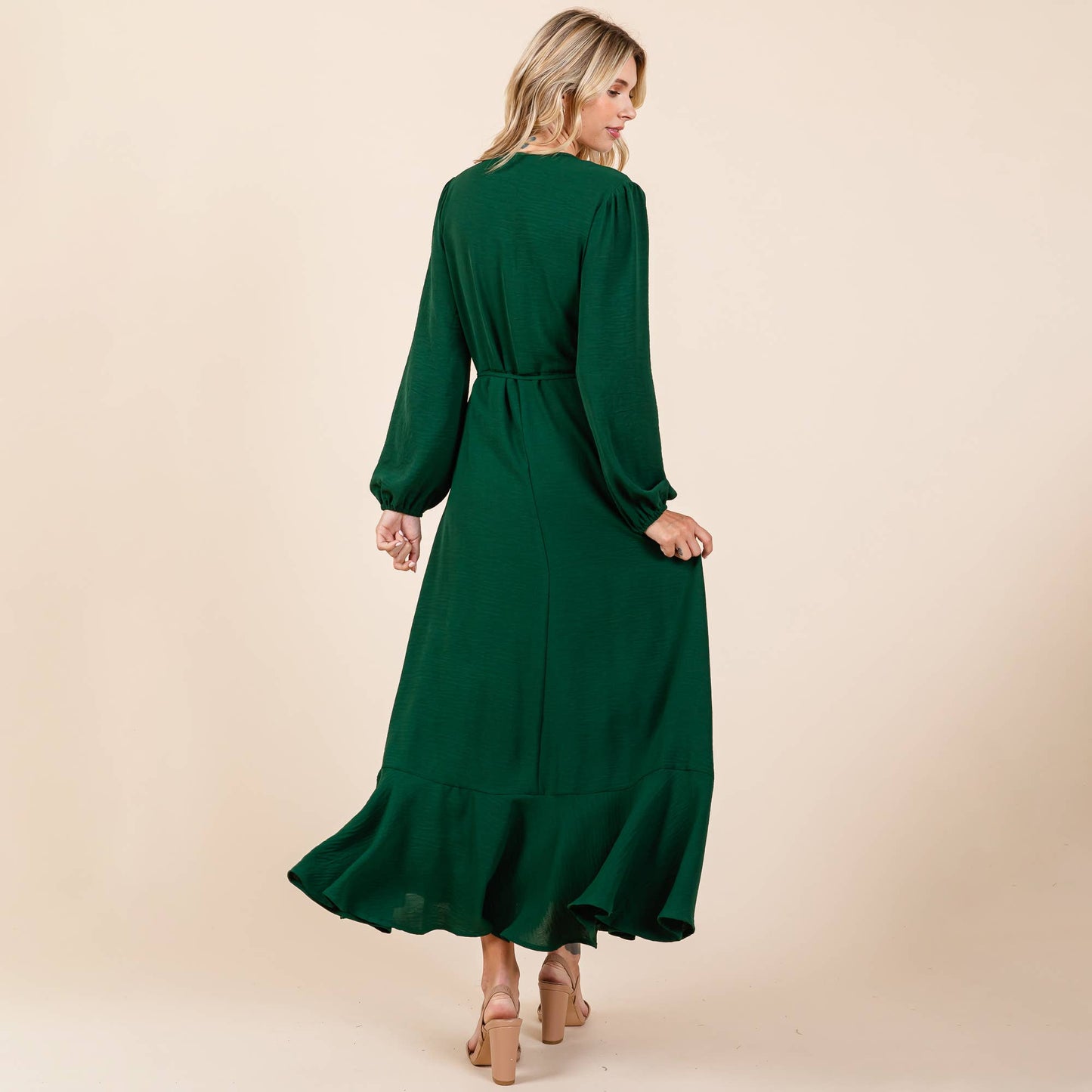 Ruffle Hem High Low Long Sleeve Wrap Maxi Dress