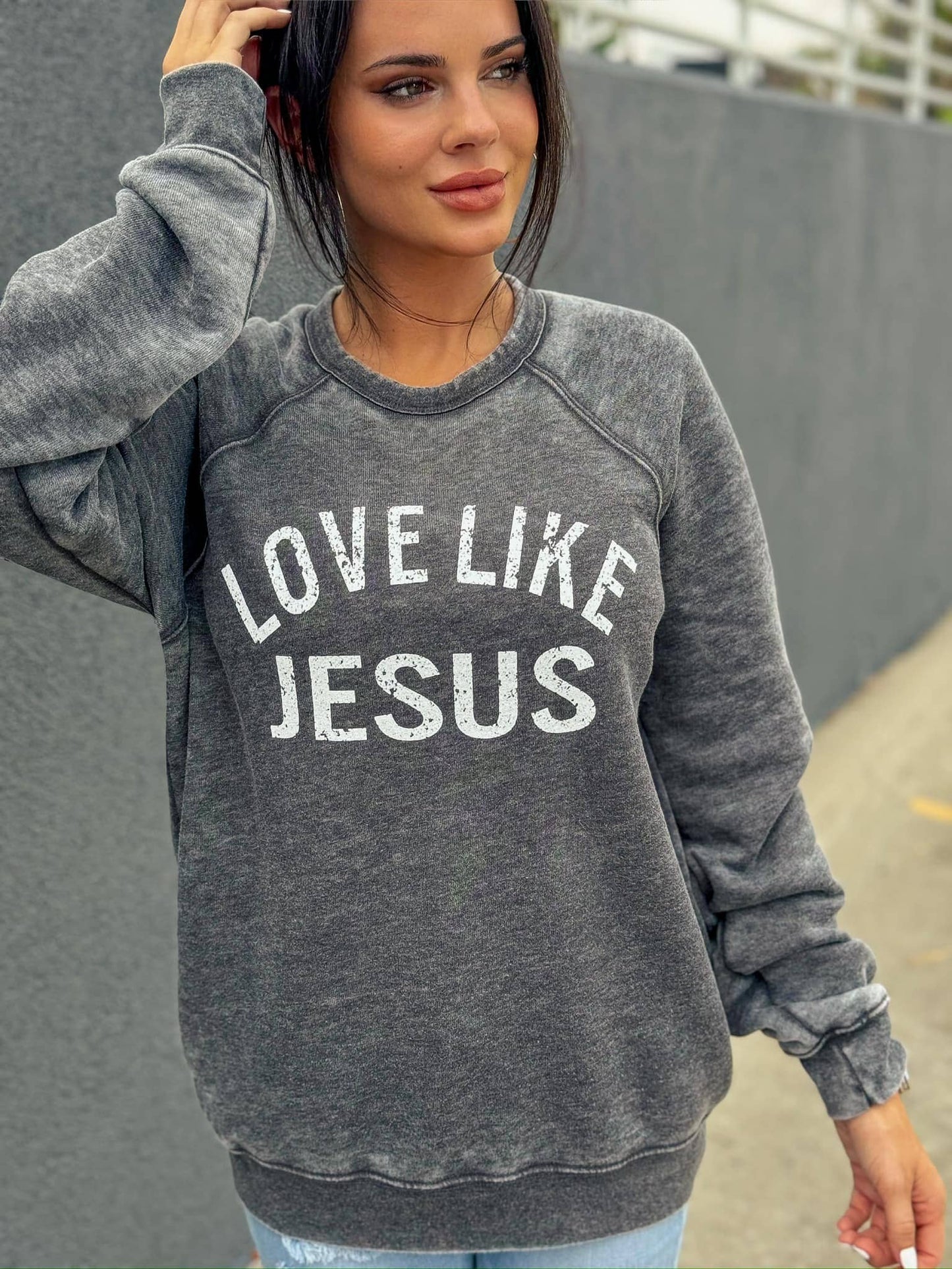 Love Like Jesus | Long Sleeve | Fleece  |Grey Acid Wash