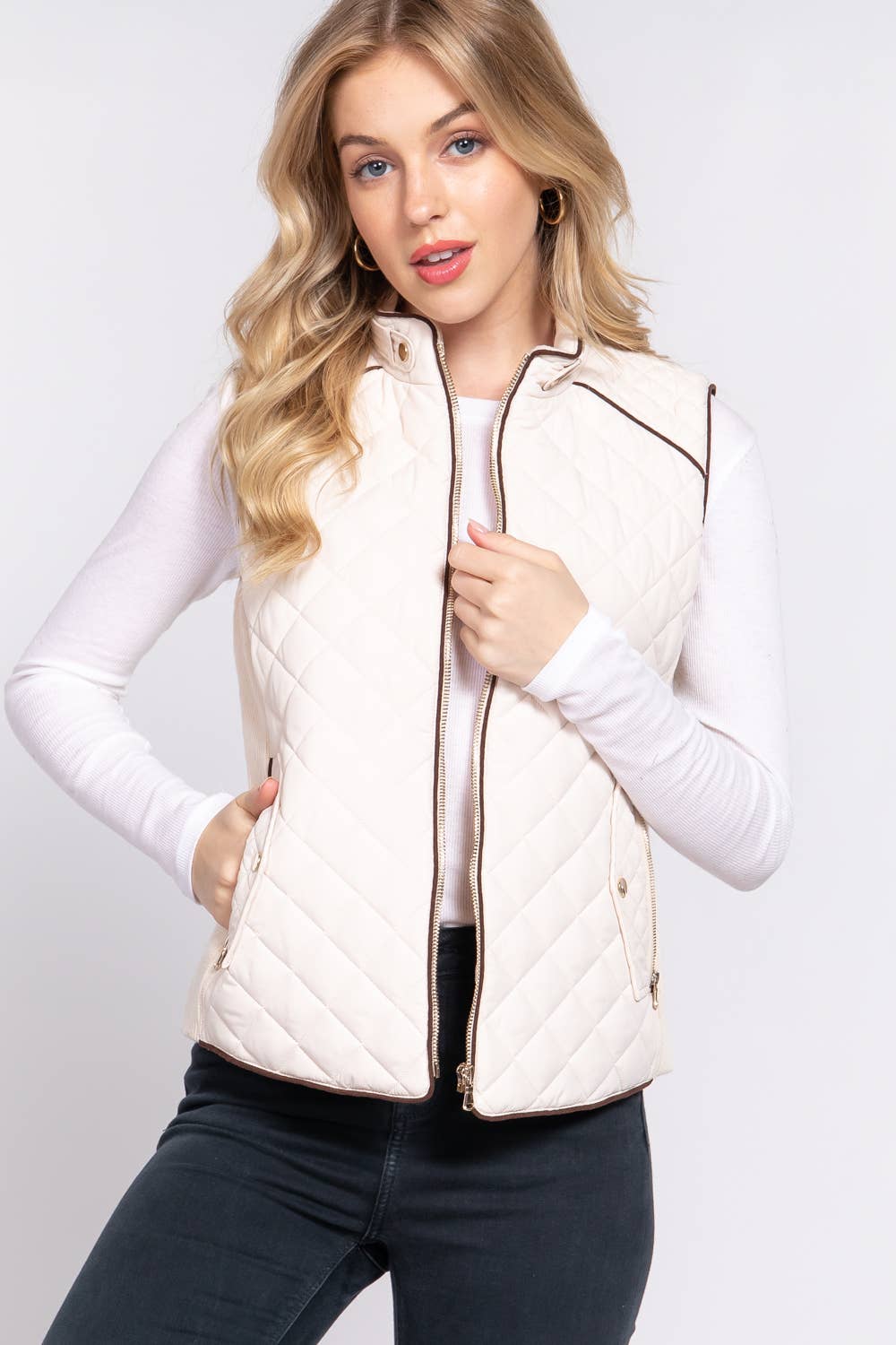 Suede Piping Detail Rib Quilted Padding Vest