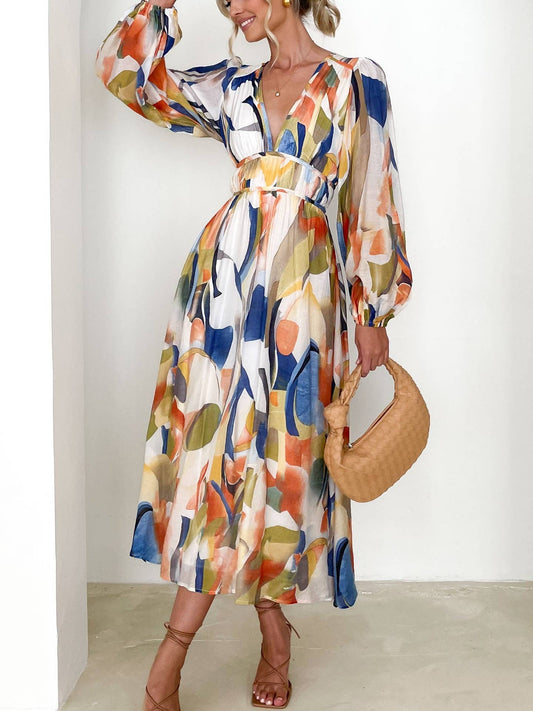 Mottled Floral Balloon Sleeve Maxi Dress