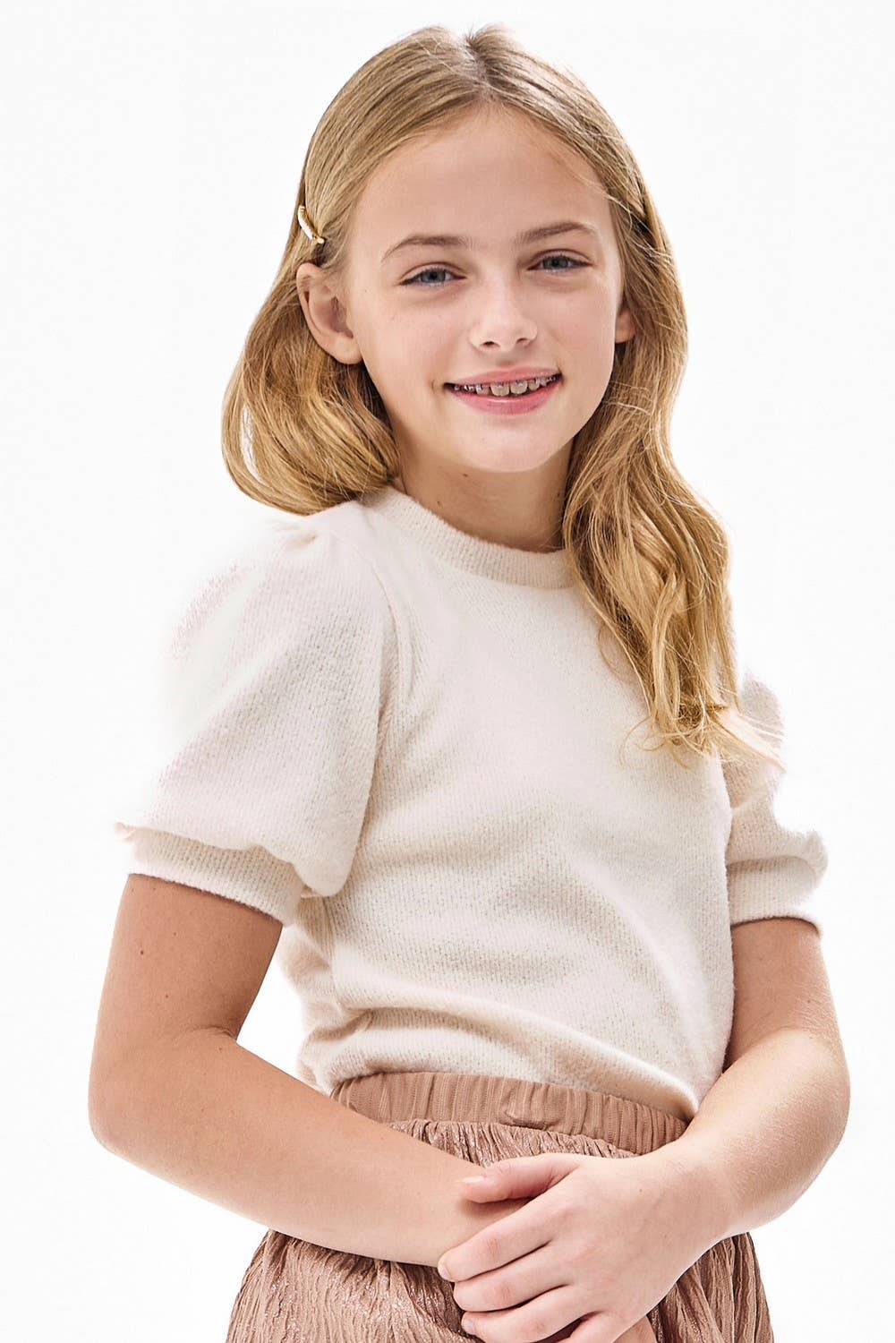 Tween Short Puff Sleeve Knit Sweater