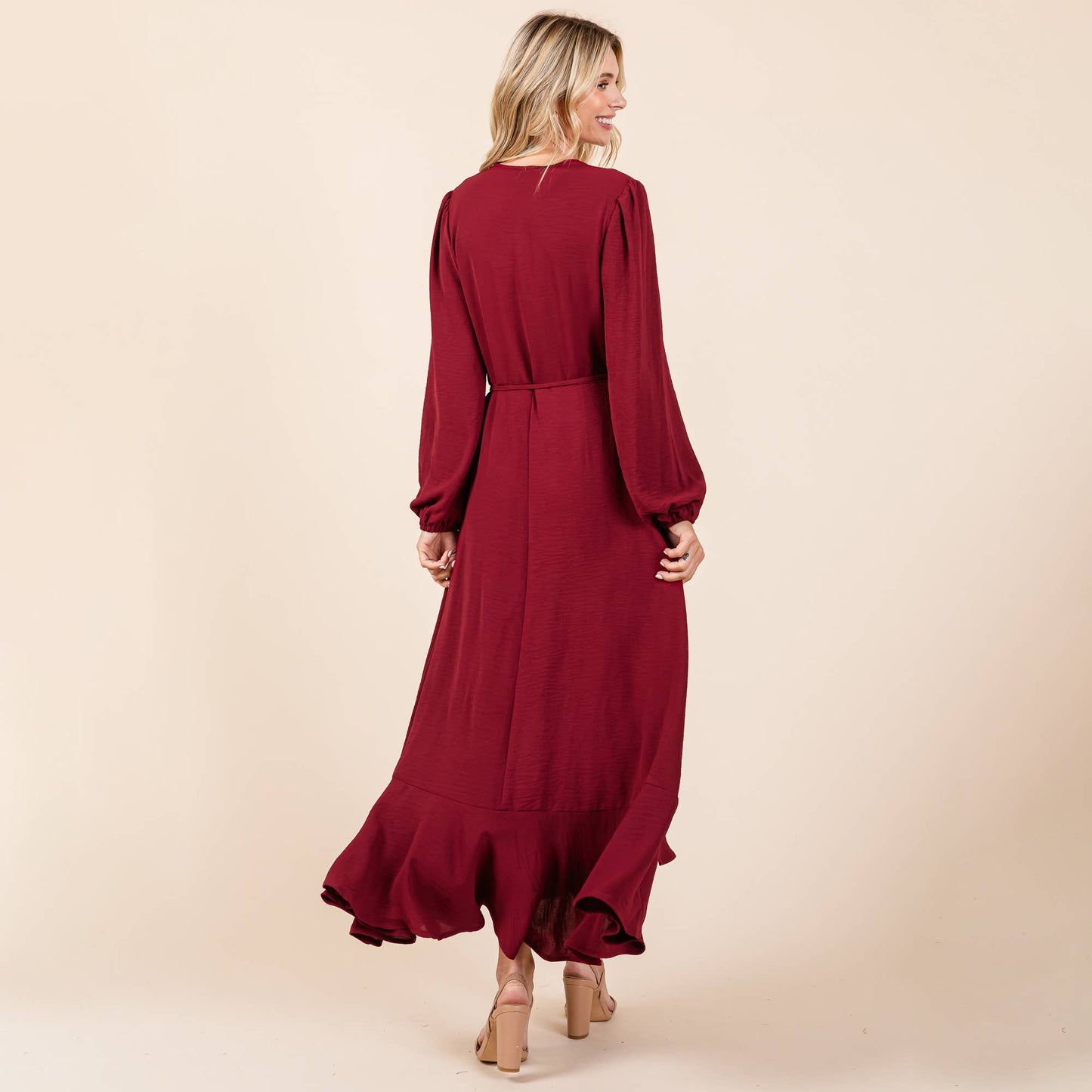 Ruffle Hem High Low Long Sleeve Wrap Maxi Dress