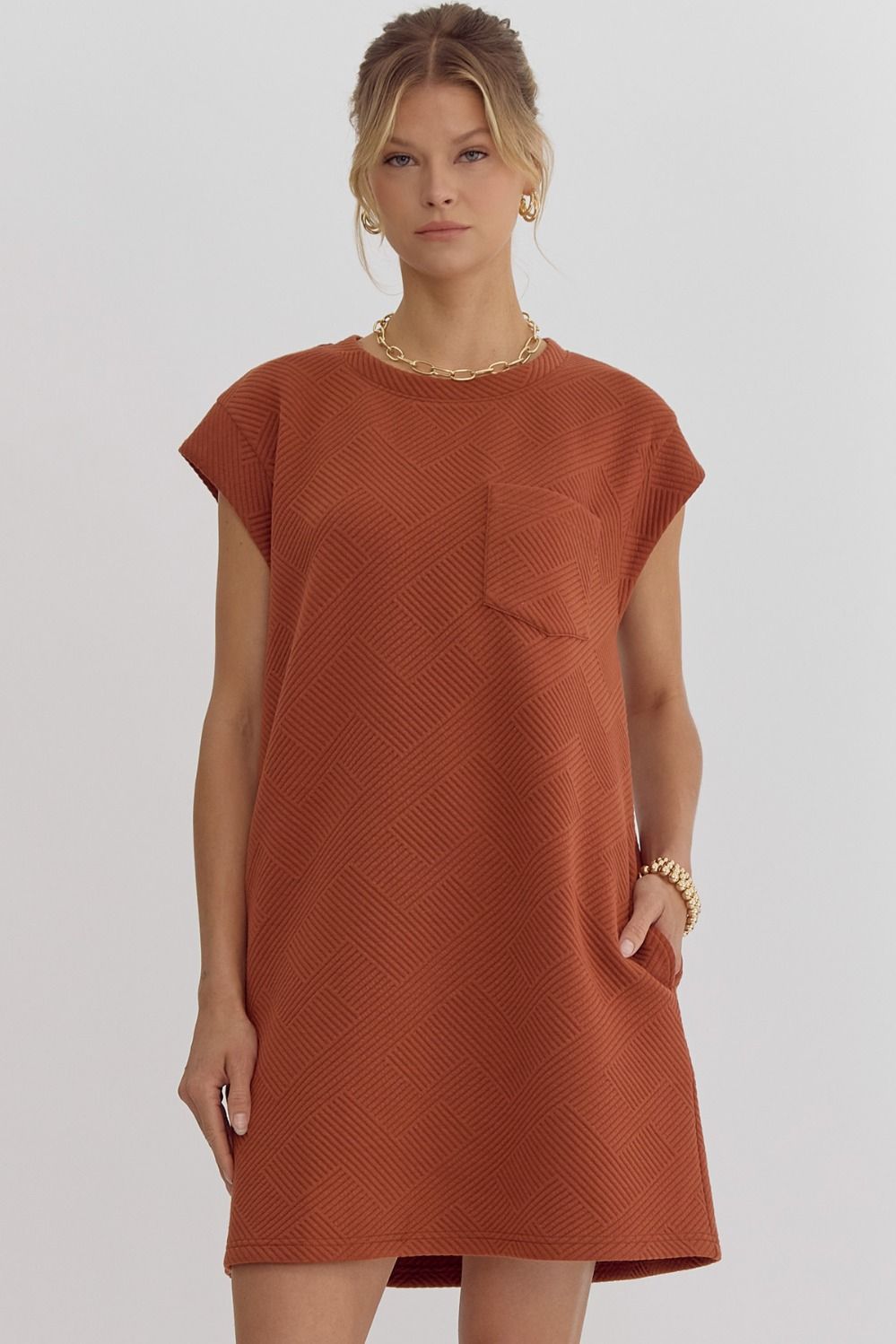 Entro Textured Round Neck Mini Dress