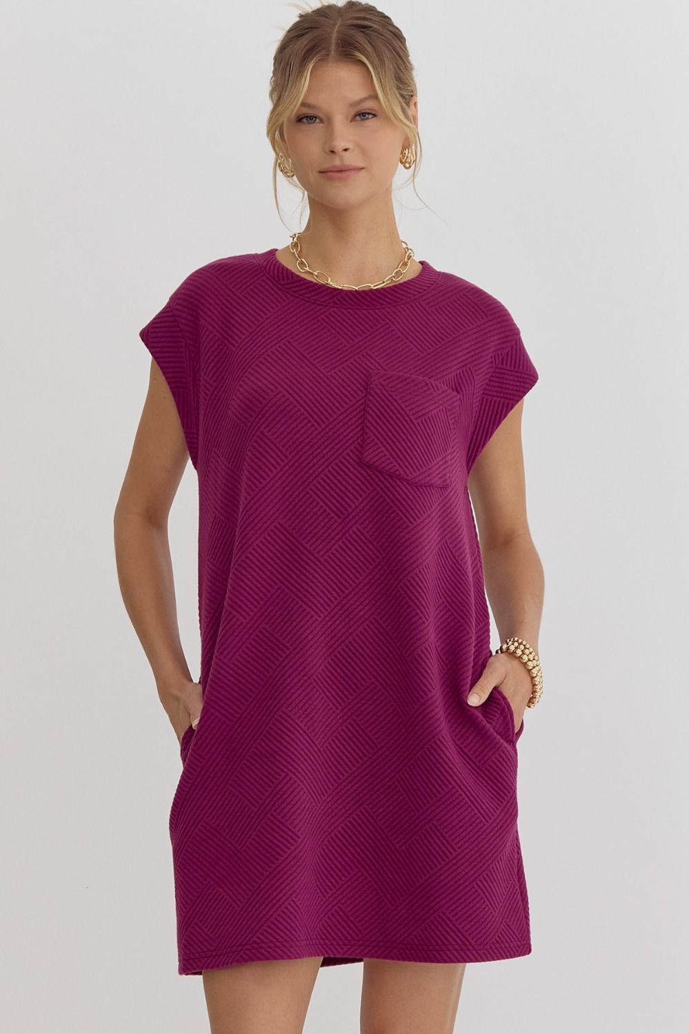 Entro Textured Round Neck Mini Dress