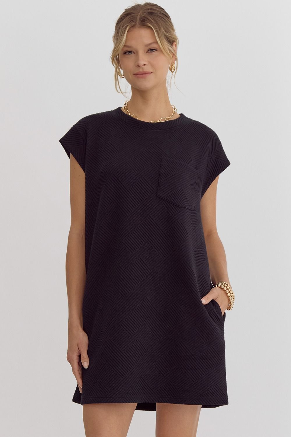 Entro Textured Round Neck Mini Dress