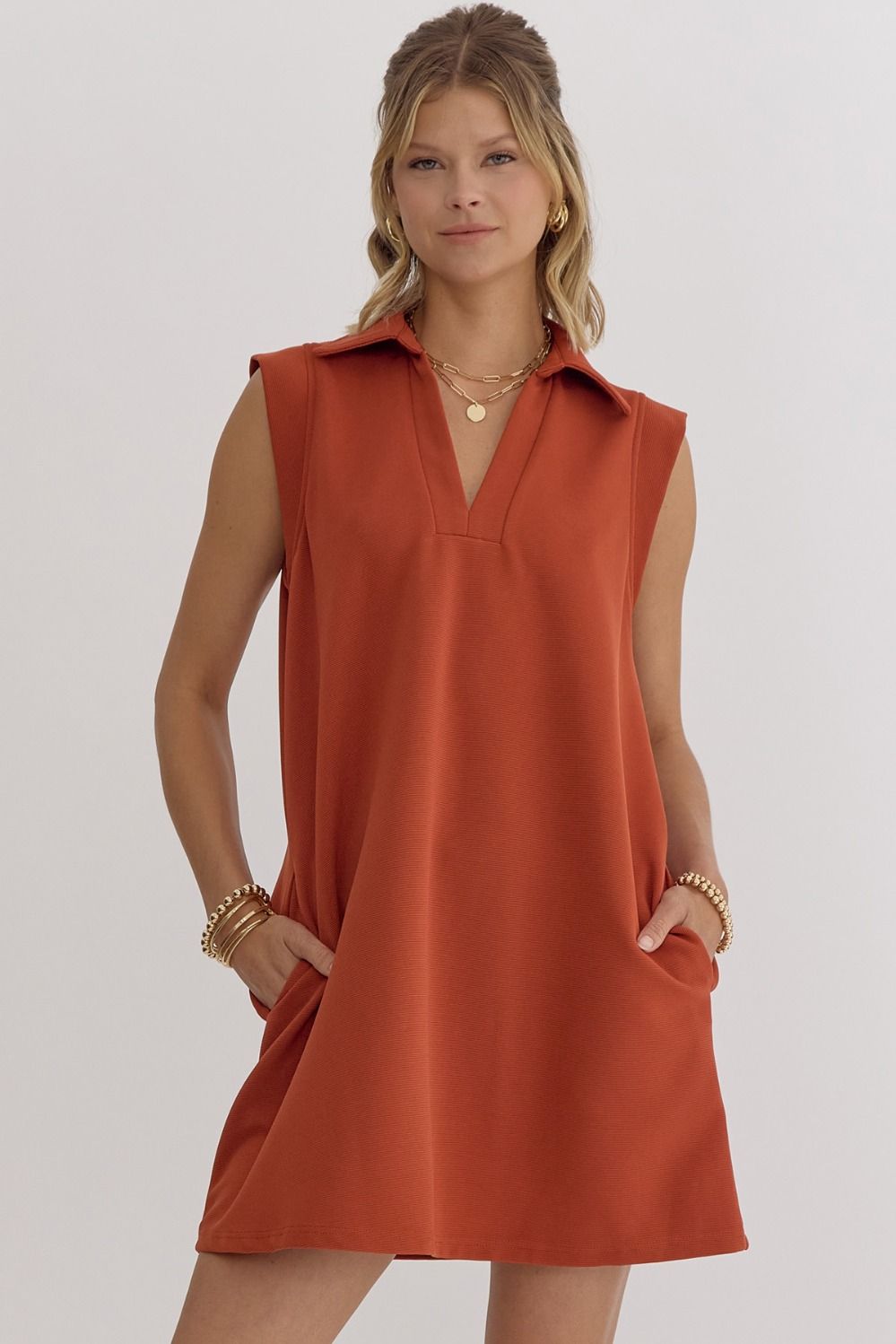 Textured solid v-neck collared sleeveless mini dress