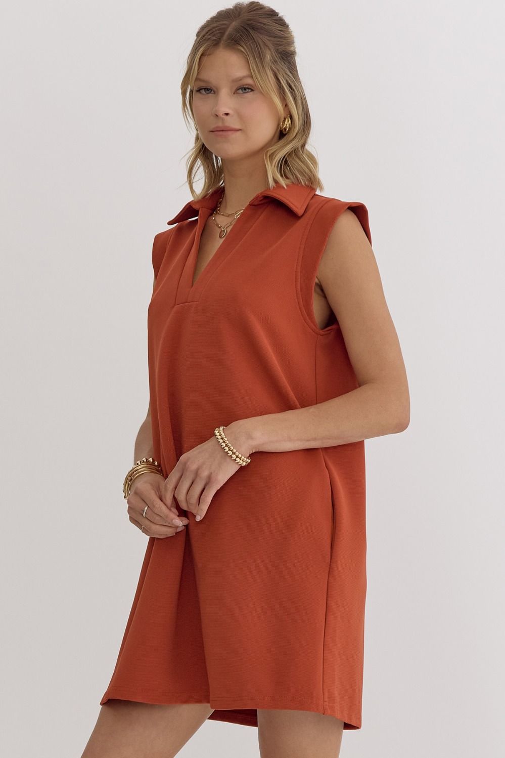 Textured solid v-neck collared sleeveless mini dress