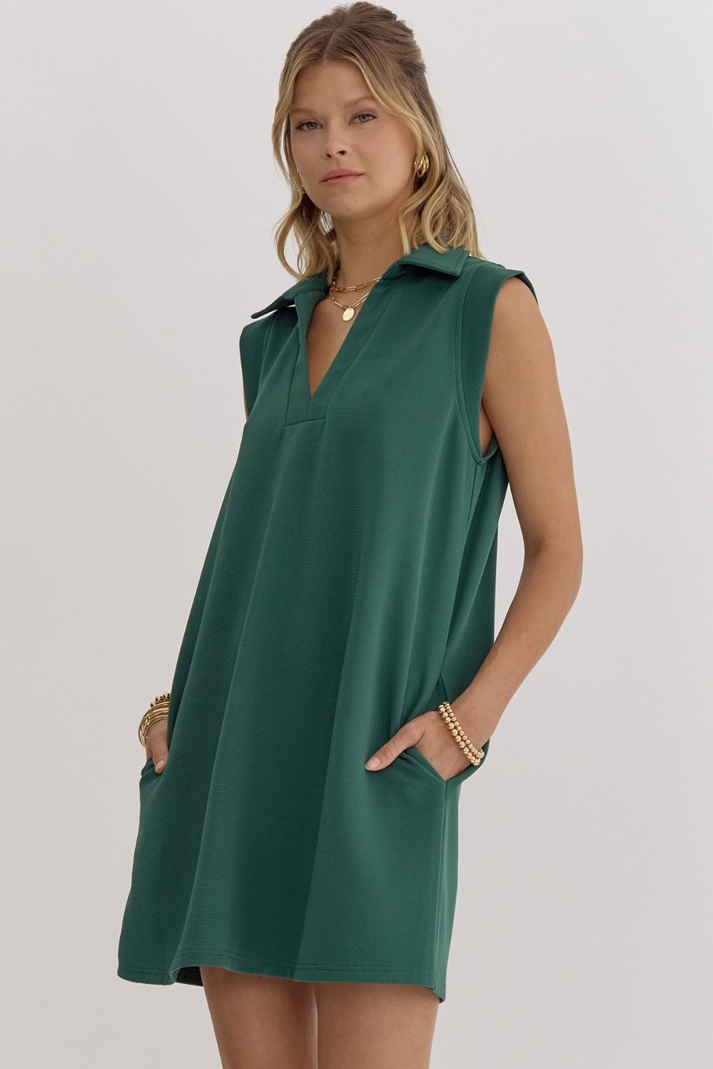 Textured solid v-neck collared sleeveless mini dress