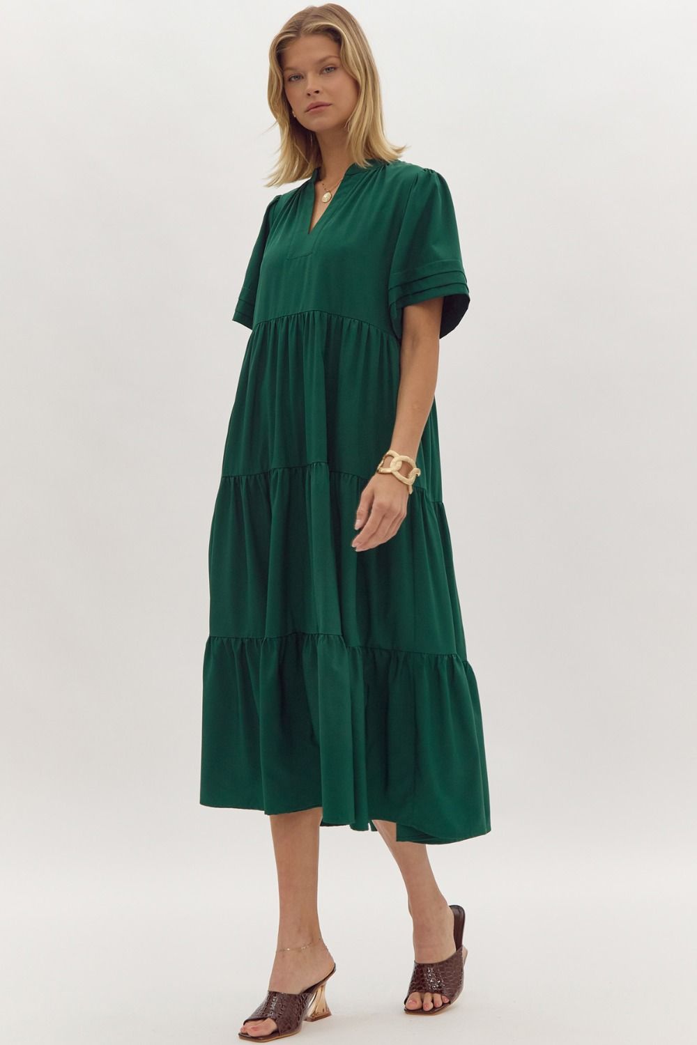 Solid v-neck short sleeve tiered midi dress