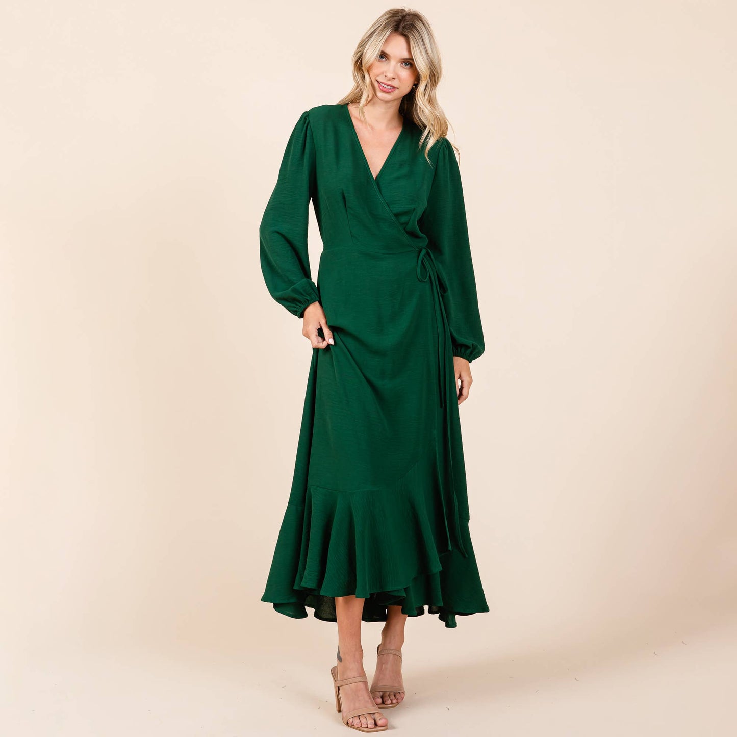 Ruffle Hem High Low Long Sleeve Wrap Maxi Dress