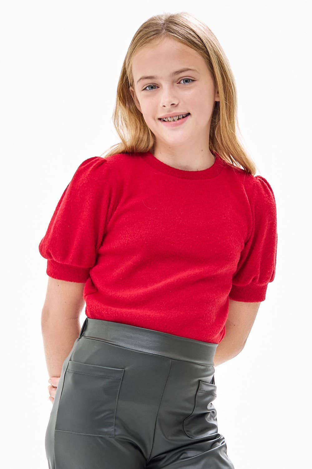 Tween Short Puff Sleeve Knit Sweater